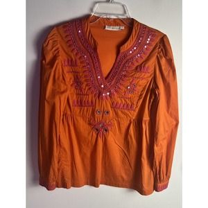 TORY BURCH Orange Pink Embroidered Embellished Cotton Claudia Tunic Top Sz 6